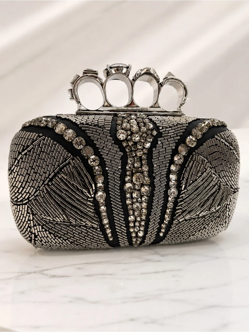 Alexander McQueen Black and Silver Crystal Knuckle-Handle Clutch